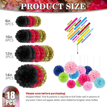 Tissue Paper Pom Poms, Pink Tissue Paper Flowers, Hanging Flower Balls for Weddings Fiesta Parties Birthday Baby Showers Classroom Bridal Shower Decoration (18Piece Set-6/10/12/14Inch)