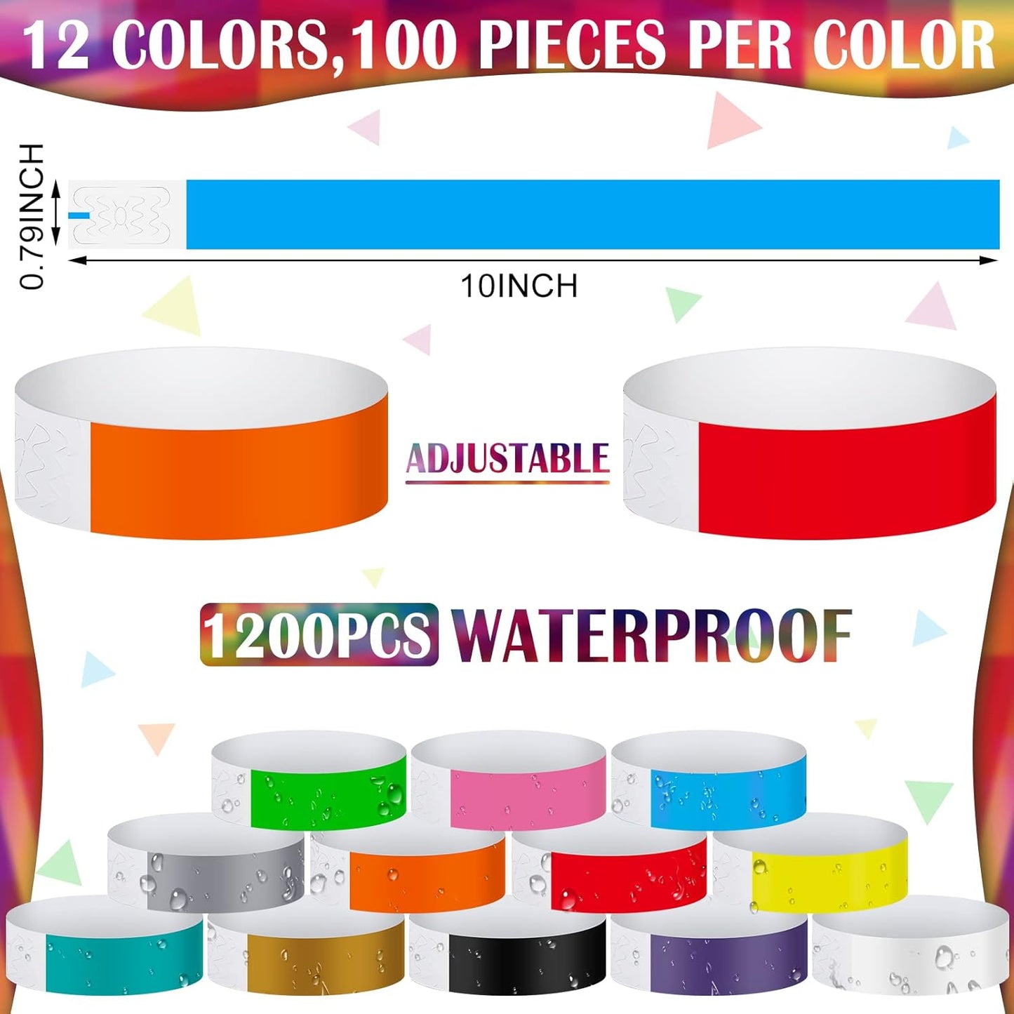 Tudomro 1200 Pack Plastic Paper Wristbands for Events Neon Party Wrist Bands Colored Waterproof Concert Identification Hand Bands Lightweight Adhesive Wristband(Yellow, Green, Blue, Red, Purple, Pink)