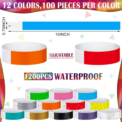 Tudomro 1200 Pack Plastic Paper Wristbands for Events Neon Party Wrist Bands Colored Waterproof Concert Identification Hand Bands Lightweight Adhesive Wristband(Yellow, Green, Blue, Red, Purple, Pink)