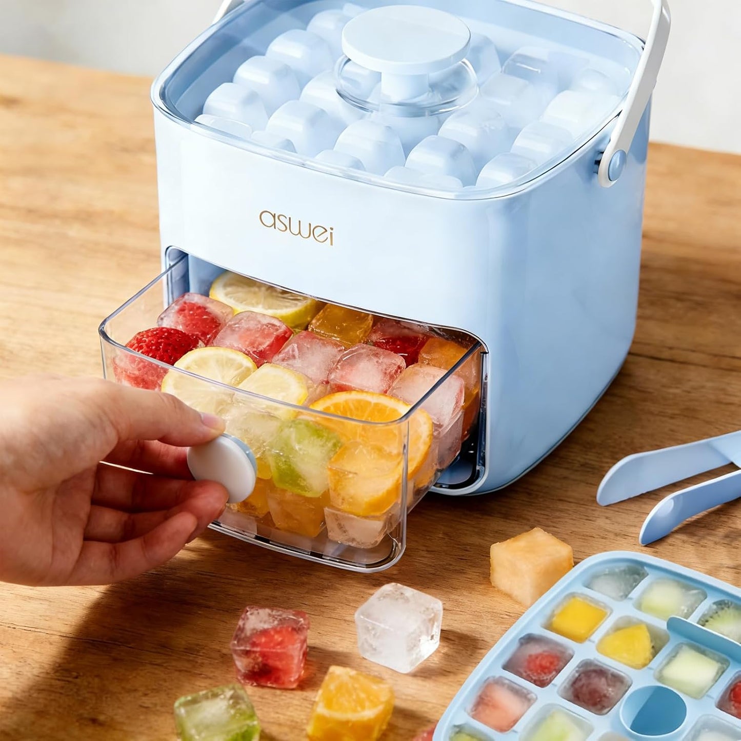 Compact Ice Cube Tray with Lid and Bin, Mini Press-Type Ice Cube Maker for Freezer, Space-Saving Small Ice Bucket with Tongs for RV, Office, Mini Ice Cube Trays & Water Bottles, BPA-Free (Green)