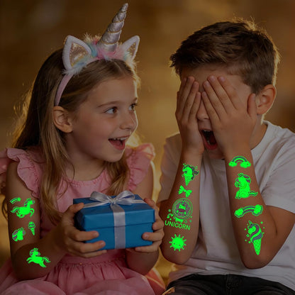 Partywind 380 Styles (30 Sheets) Luminous Tattoos for Kids, Mixed Styles Temporary Tattoos Stickers with Mermaid/Dinosaur/Space/Pirate for Boys and Girls, Glow Party Supplies