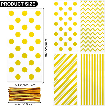 Aodaer 100 Pieces 10.6 x 5.1 In White Cellophane Bags Plastic Candy Gift Bag Cellophane Treat Bags with Twist Ties Stripes Polka Dot Printed Pattern Goodie Bag for Birthday Weddings Party Favors
