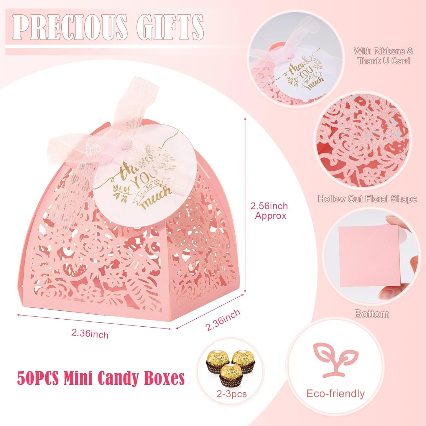 AdasBridal 50Pcs Small Gift Boxes for Party Favors, Laser Cut Candy Boxes Wedding Favor with Thank You Card Ribbons for Bridal Baby Shower Wedding Decorations (White, 2.36")