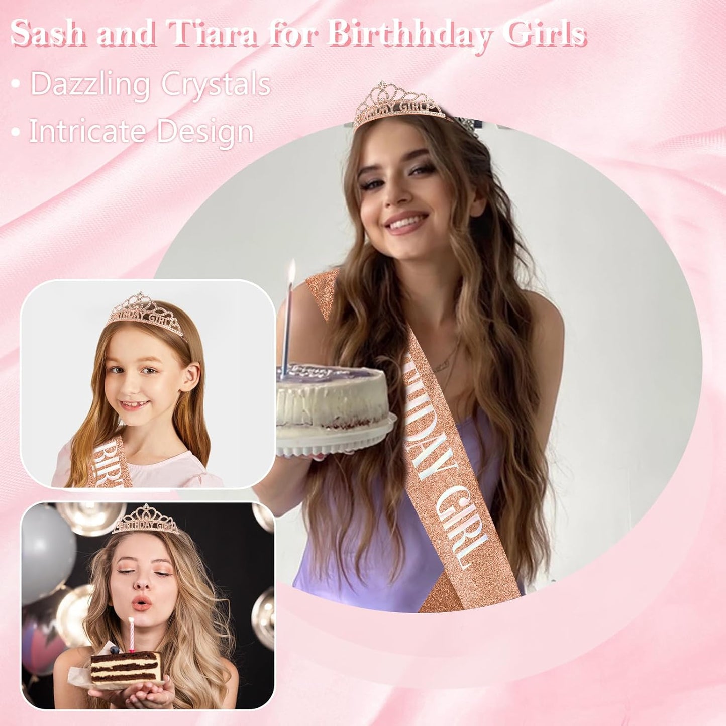 Chanaco Happy Birthday Crown and Sash Kit for Women and Girls - Rhinestone Tiara and Sashes with 'BIRTHDAY GIRL' Sash for Party Favors