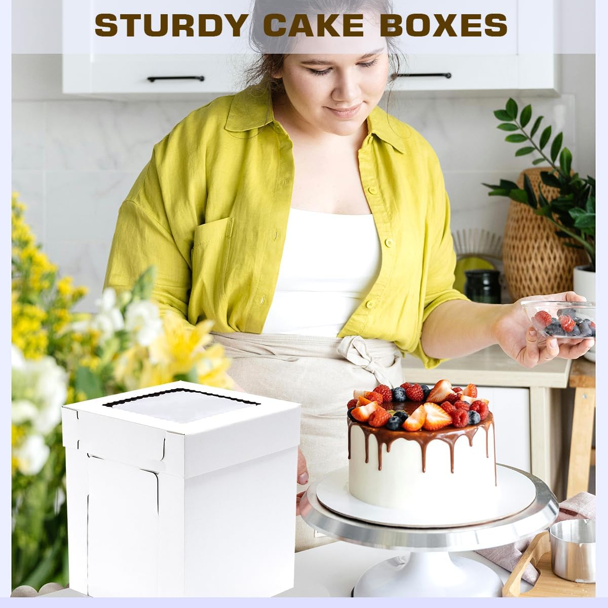 JJO Tall Cake Boxes for Tier Cakes, 6 Pack 10x10x12 Inch,White Cake Boxes with Window,Sturdy Tall Cake Carrier, Disposable Cake Containers