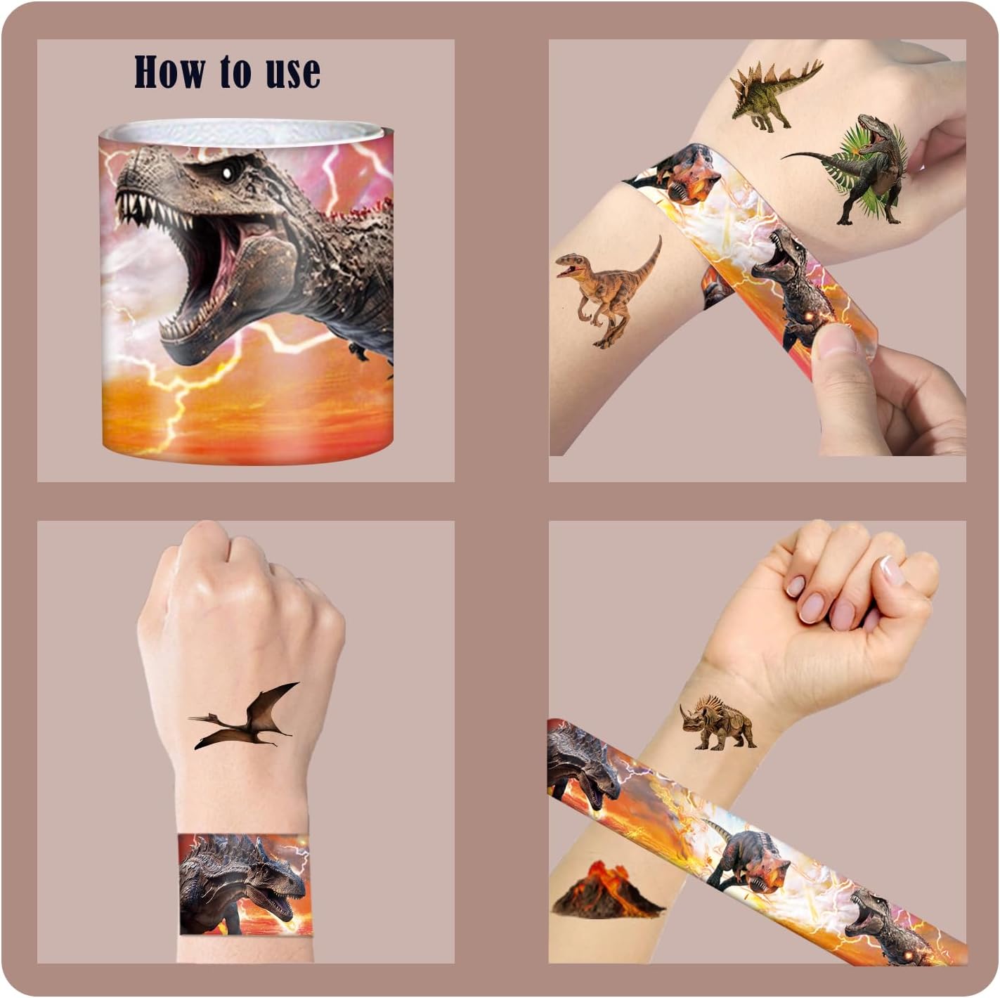 96PCS Realistic Dinosaur Party Favors Set include 72Pcs Dinosaur Temporary Tattoos Stickers, 24Pcs Dinosaur Slap Bracelet for Forest Dinosaur Dino Party Favors Prehistoric Dinosaur Themed Supplies