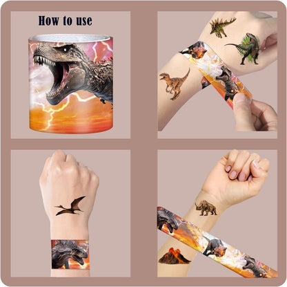 96PCS Realistic Dinosaur Party Favors Set include 72Pcs Dinosaur Temporary Tattoos Stickers, 24Pcs Dinosaur Slap Bracelet for Forest Dinosaur Dino Party Favors Prehistoric Dinosaur Themed Supplies