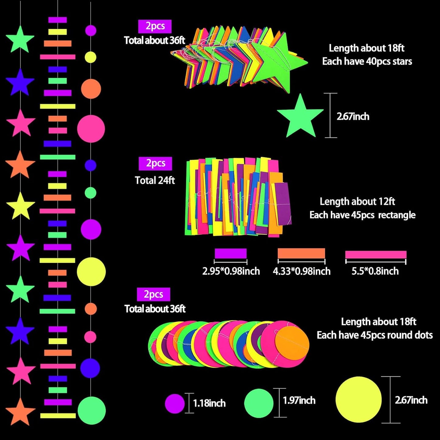 508ft UV Neon Paper Garland Crepe Streamers Glow in The Dark Party Supplies Garland Neon Party Decorations Streamers for Blacklight Reactive Fluorescent Wedding Birthday Party Decorations
