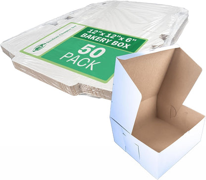 Southern Champion Tray 0989 Premium Clay-Coated Kraft Paperboard White Non-Window Lock Corner Bakery Box, 12" Length x 12" Width x 6" Height, White (Case of 50)