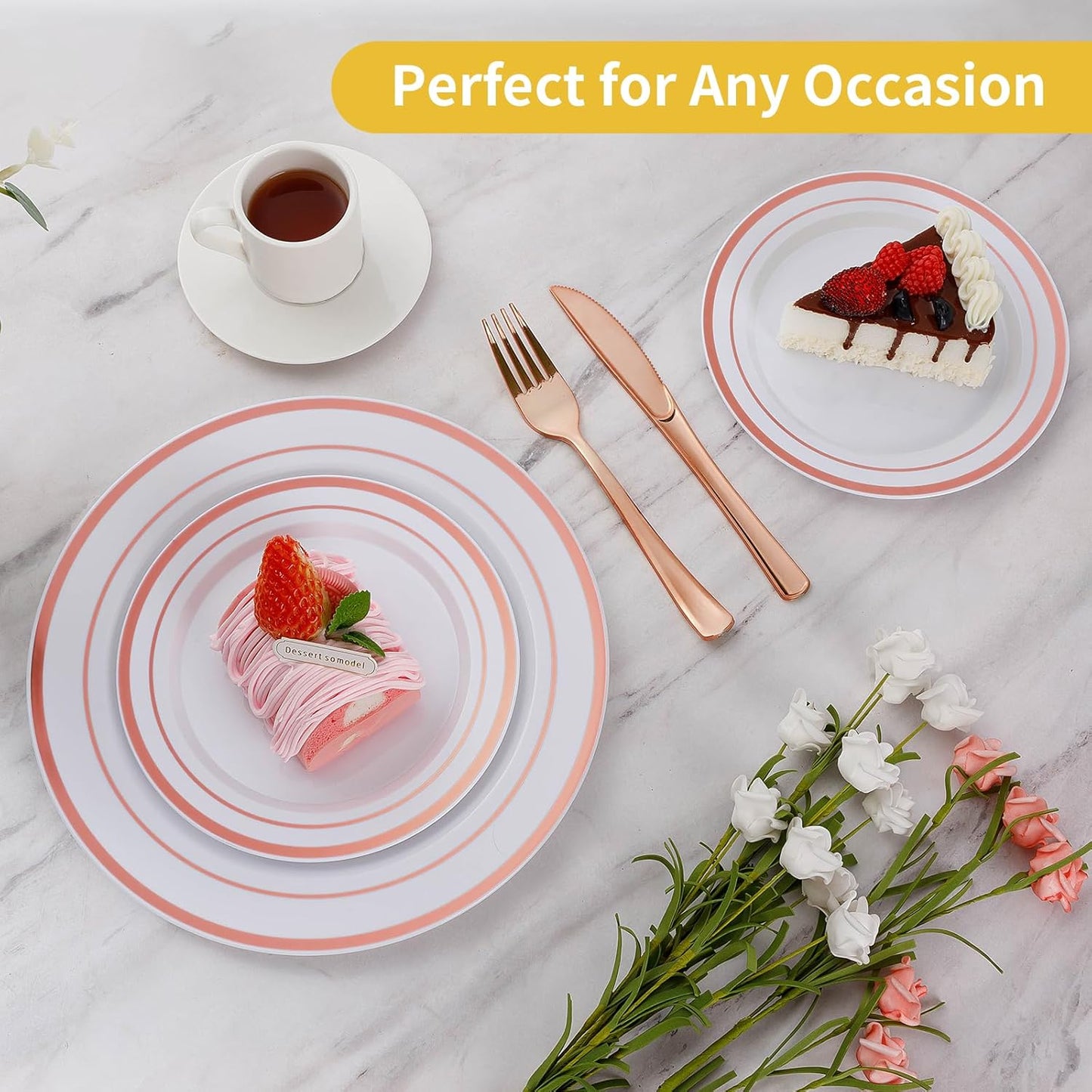 Goodluck 200PCS Gold Plastic Plates, Heavy Duty Disposable Gold Plates with 100 10.25 inch Dinner Plates and 100 7.5 inch Dessert Plates for Party, Holiday, Wedding, Thanksgiving