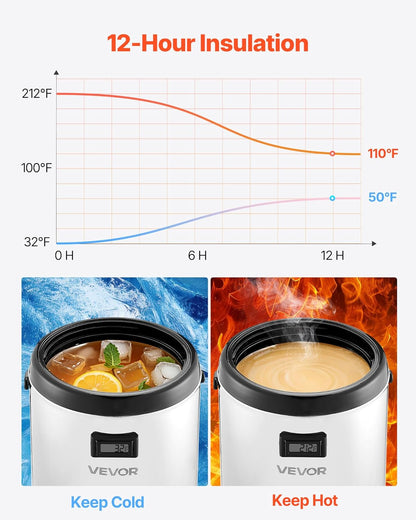 VEVOR Insulated Beverage Dispenser, 2 Gal/7.6L Stainless Steel Thermal Drink Server with Spigot & Temp Display, Suitable for Hot and Cold Drinks, for Tea Coffee Water in Cafes & Restaurants, Silver