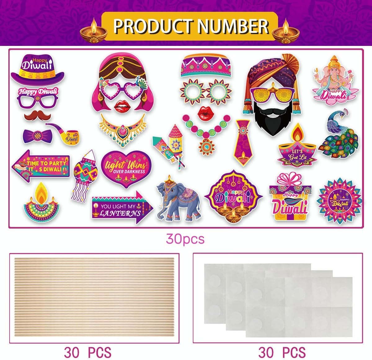 KYMY Happy Diwali Party Photo Booth Props Set, 1pc Deepavali Rangoli Selfie Frame with 20pcs Photo Booth Props, India Festival of Lights Party Favors for Hindu Diwali Themed Decorations Supplies