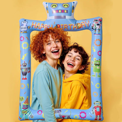 Fun Robot Themed Happy Birthday Inflatable Selfie Photo Frame Props for Pictures & Decors Robot Party Blow Up Picture Frame Decors for Tech-Loving Birthday Party Supplies