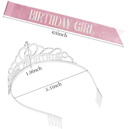 Chanaco Happy Birthday Crown and Sash Kit for Women and Girls - Rhinestone Tiara and Sashes with 'BIRTHDAY GIRL' Sash for Party Favors
