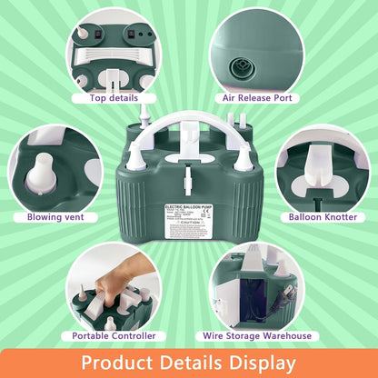 4-in-1 Electric Balloon Pump,Portable Electric Air Balloon Blower Machine for All Balloons, Air Pump for Sports Balls, Inflator& Deflator for Inflatables（Green）