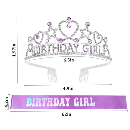 CIEHER Birthday Girl Crown and Sash Set for Birthday Decorations Gifts for Women Girls - Silver AB Rhinestones