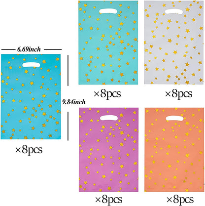 25 Party Favor Bags for Kids Birthdays, Goodie Candy Bags in 5 Colors with Star Pattern