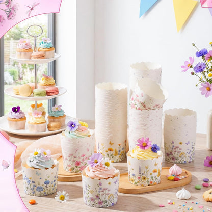Qinyoung 120 Pcs Wildflower Cupcake Liner 4 Design Flower Paper Muffin Liner Scalloped Disposable Floral Baking Cup, Tea Party Baby/Bridal Shower Decoration for Spring Wedding Birthday Party Supplies