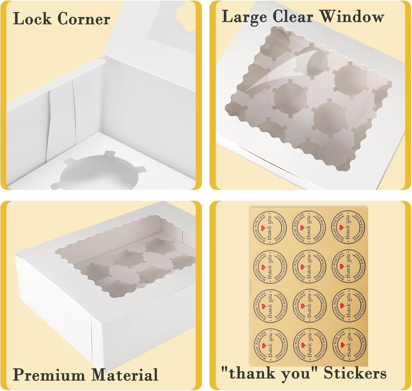 12-Count White Cupcake Boxes with Window and Insert, 13x10x3.5 Inch, Set of 10, Suitable for Cupcakes, Muffins, and Cookies