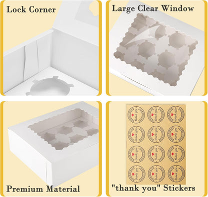 12-Count White Cupcake Boxes with Window and Insert, 13x10x3.5 Inch, Set of 10, Suitable for Cupcakes, Muffins, and Cookies