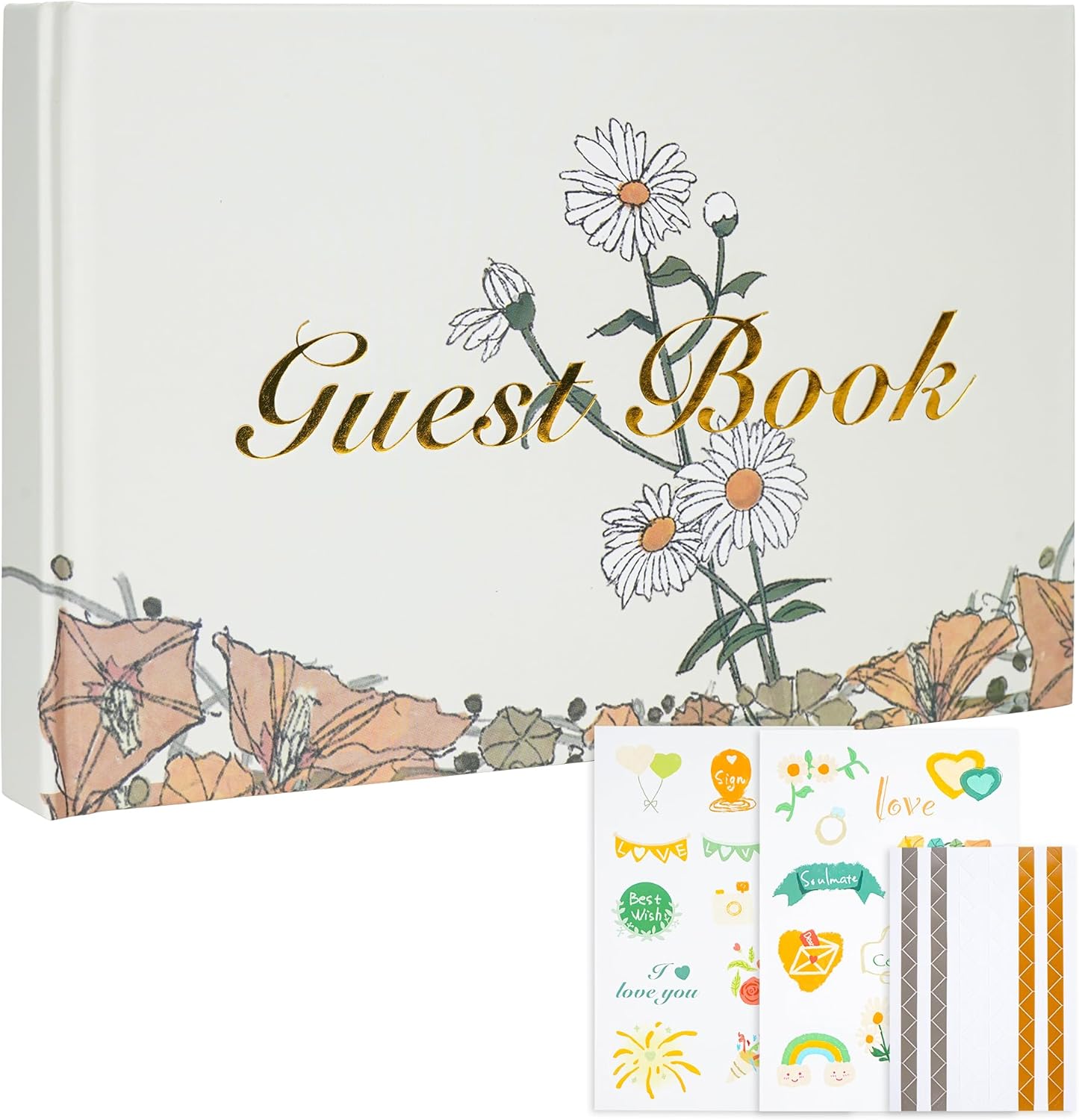 Guest Book for Wedding Reception, Party, Birthday, Polaroid GuestBook Retro Elegant Daisy Guest Sign In Book, Anniversary Sign Book Alternatives, 200 Blank Pages(100 sheets), 8.7"x5.9"