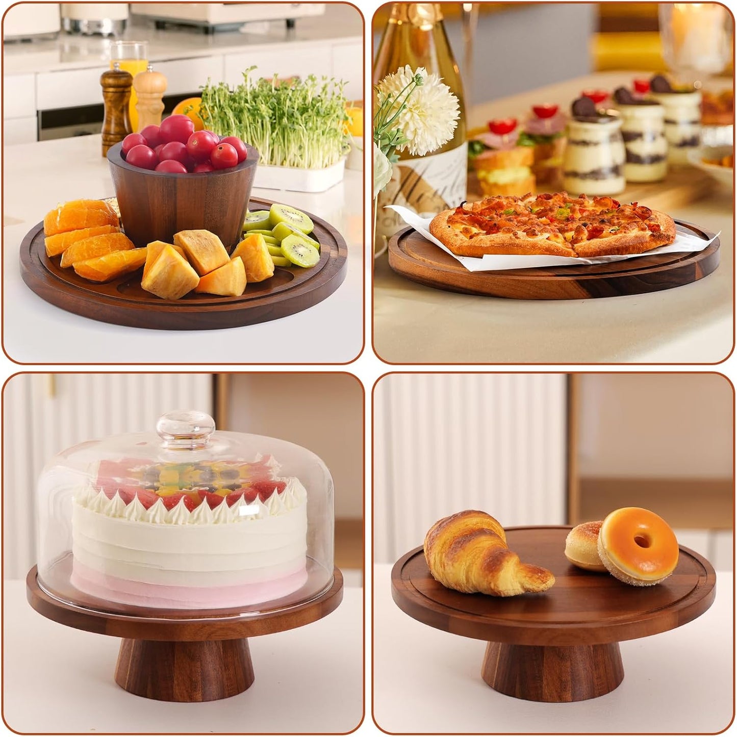 Acacia Wood Cake Stand with Glass Lid – 12" Magnetic Base, Detachable Serving Tray for Cake, Cheese, Charcuterie, Snacks & Desserts – Wooden Cake Holder for Parties & Kitchen Display