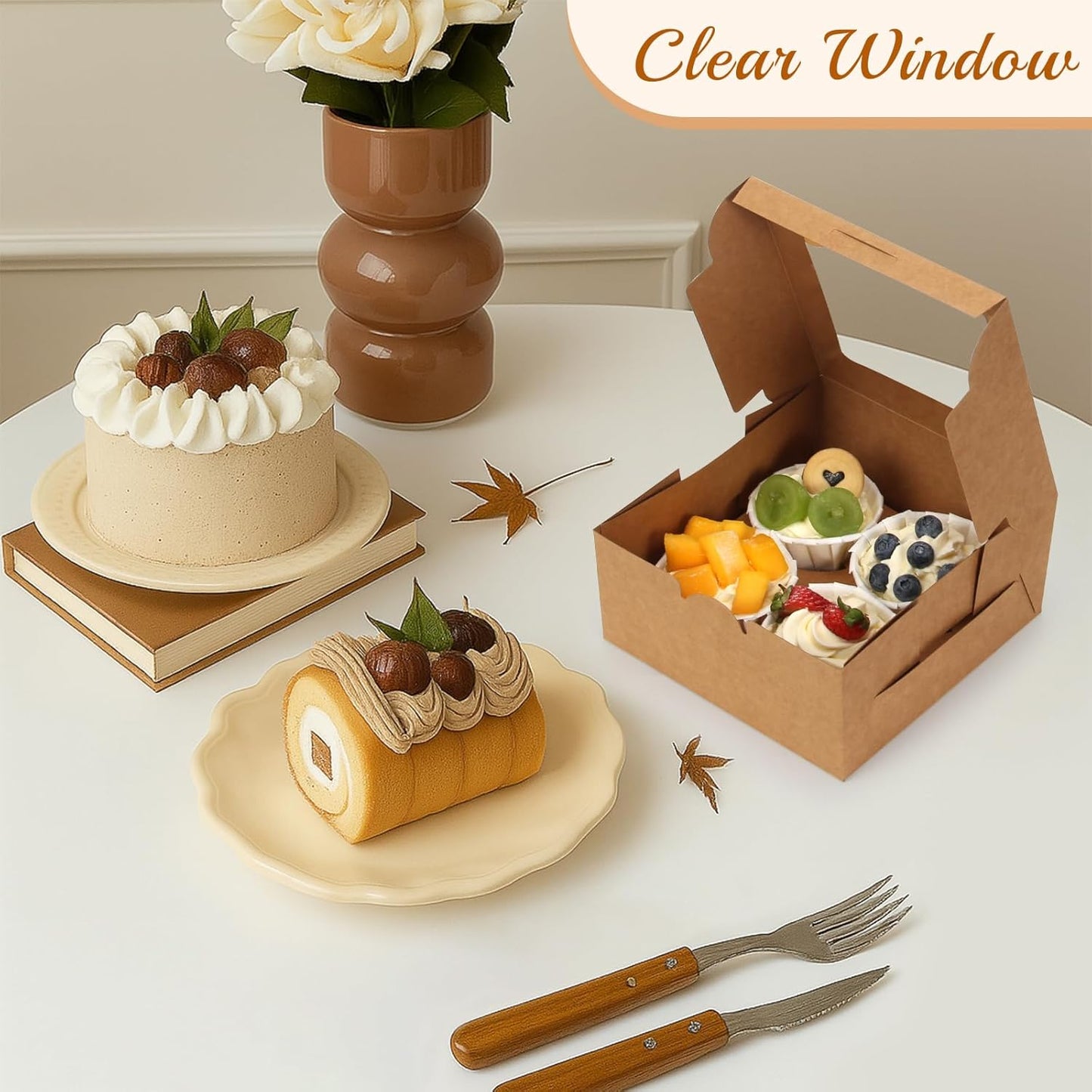 OAMCEG 50 PCS Cupcake Boxes with Window, 6x6x3 Inch Cookie Boxes, Bakery Treat Boxes for Pastry, Dessert, Chocolate Strawberries, Cupcake Containers, Gift Giving with Stickers & Twine （Brown）
