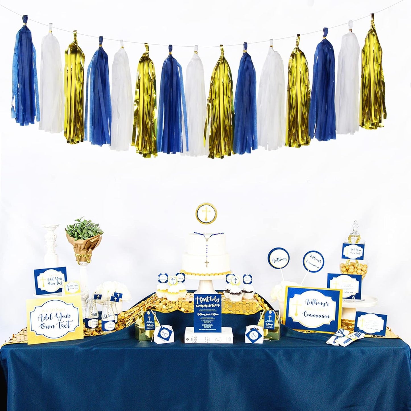 Navy-Blue White-Silver Tassel Garland Streamers - 15pcs Party Decorations Tissue Paper Tassels Banner,Graduation 2025 Wedding Baby Bridal Shower Hanging Decoration Boy Birthday Backdrop Decor Panduola