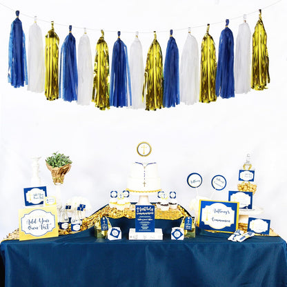 Navy-Blue White-Silver Tassel Garland Streamers - 15pcs Party Decorations Tissue Paper Tassels Banner,Graduation 2025 Wedding Baby Bridal Shower Hanging Decoration Boy Birthday Backdrop Decor Panduola