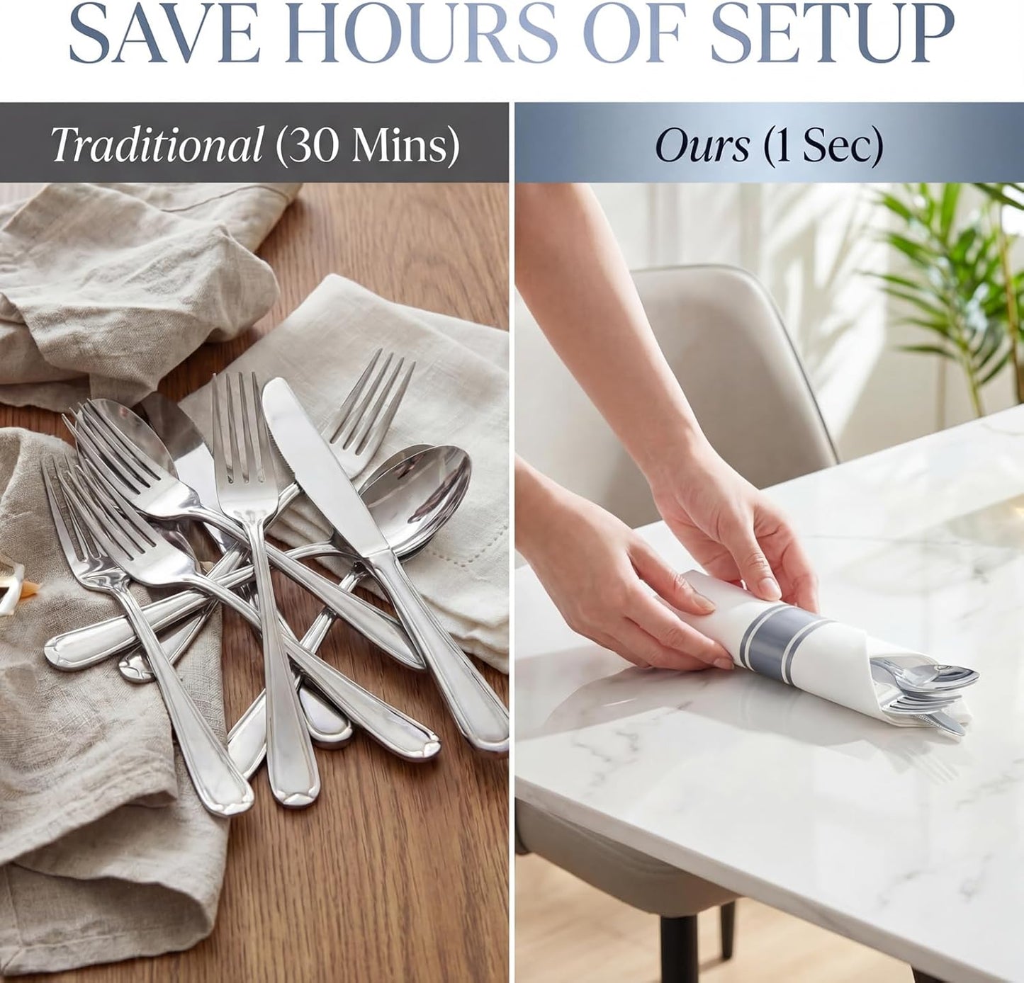 Liacere 100 Pack Silver Plastic Silverware-Pre Wrapped cutlery and Napkin-Pre Rolled Silverware Disposable 100 Forks, 100 Knives 100 Spoons, 100 Napkins Plastic Utensils＆Wedding