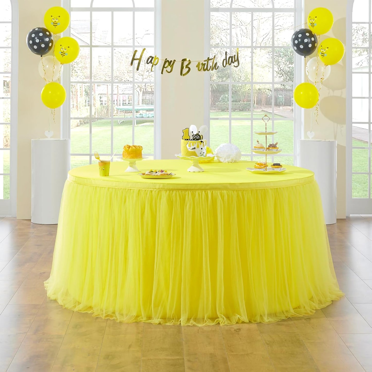 72inch Champagne Gold Tulle Table Skirts for Rectangle Round Tables, Gold Grim Ruffle Tulle Tutu Cloth Table Skirt 6ft for Wedding Birthday Party Cake Dessert Decor(No Top Cover)