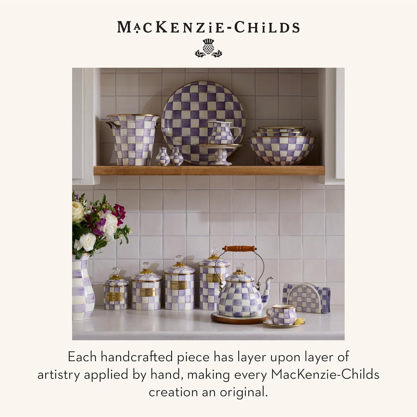 MACKENZIE-CHILDS Enamel Pedestal Platter, Round Cake Stand, Large, Black-and-White Courtly Check