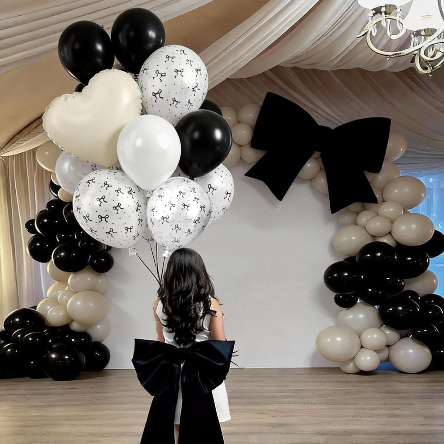Black White Bow Balloons, 50 Pcs Pearl White Dot Printed Balloons with Black Bow and Cream Heart foil Balloon for Alternative Birthday Party Baby Shower Wedding Bachelorette Party Decorations