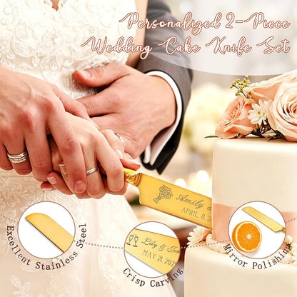 Personalized Wedding Cake Knife and Server Set, Custom Engraved Cake Cutting Set with Name Date, Customized Wedding Gifts for Birthday Bride & Groom (2 - Piece Set)