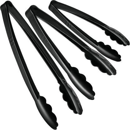 [Black Tongs 7.5'' Inches] Plasticpro 7.5'' Serving Tongs Heavy Duty Reusable Kitchen and BBQ Black Serving Tong for party's, Caterings, Events, Buffet, Weddings, And every Day use Pack of 12