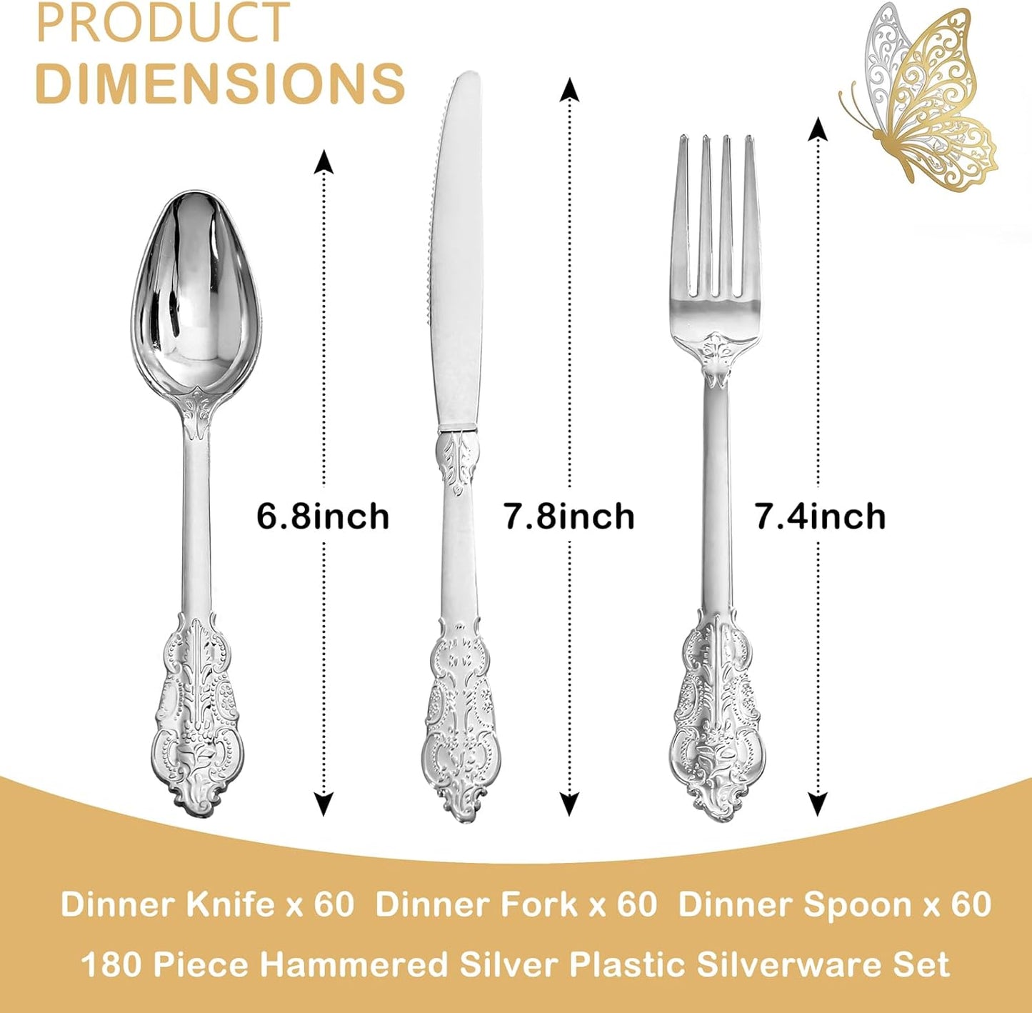 Supernal 360pcs Silver Plastic Cutlery,Elegant Plastic Silverware,Silver Hammed Silverware,Disposable Flatware,Include 120 Forks,120 Knvies,120 Spoons,Perfect for Birthday,Party,Wedding