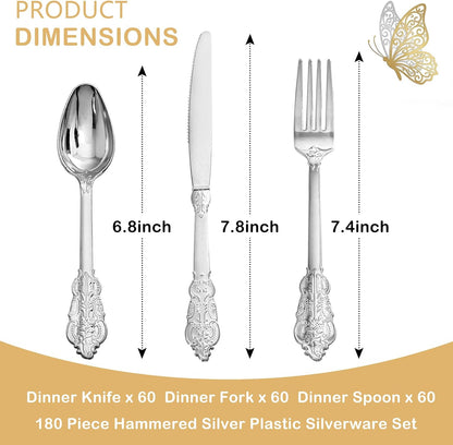 Supernal 360pcs Silver Plastic Cutlery,Elegant Plastic Silverware,Silver Hammed Silverware,Disposable Flatware,Include 120 Forks,120 Knvies,120 Spoons,Perfect for Birthday,Party,Wedding