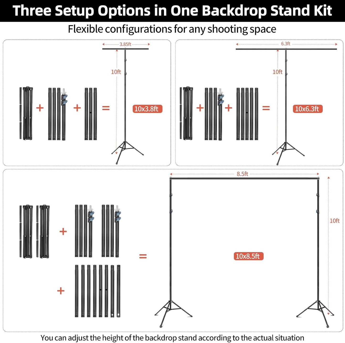 Hemmotop Backdrop Stand 10x8ft (WxH), Photography Background Stand for Parties, Adjustable Photo Backdrop Stands Kit for Wedding, Photo Booth, Party, Decoration, Balloon, Projector Screen