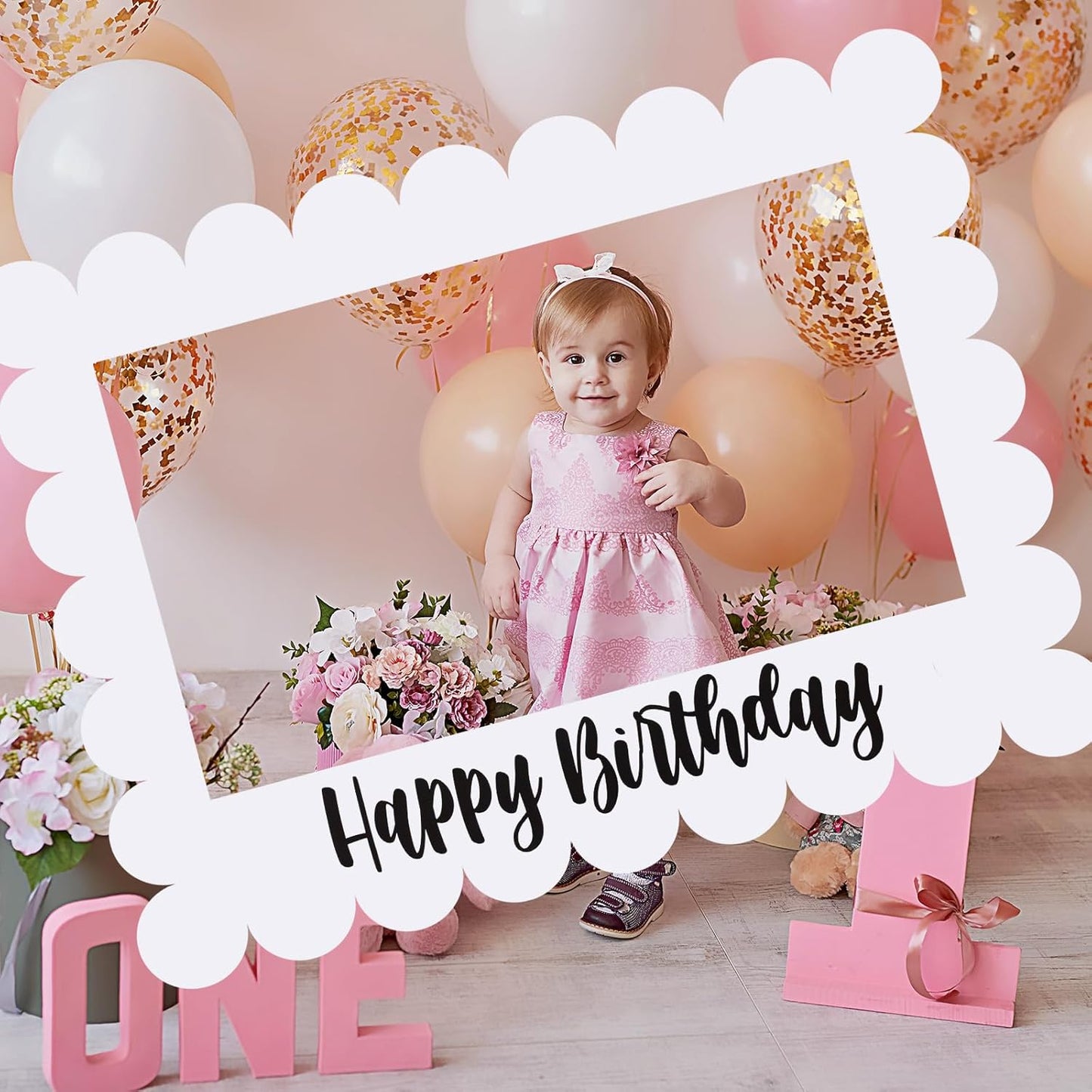 Beeveer 32 x 24 Inch Extra Large Happy Birthday Photo Booth Selfie Frame Props Picture DIY Cutouts Photo Backdrop Cardboard Props for Party Supplies Favors(Vertical,Shiny Gold)