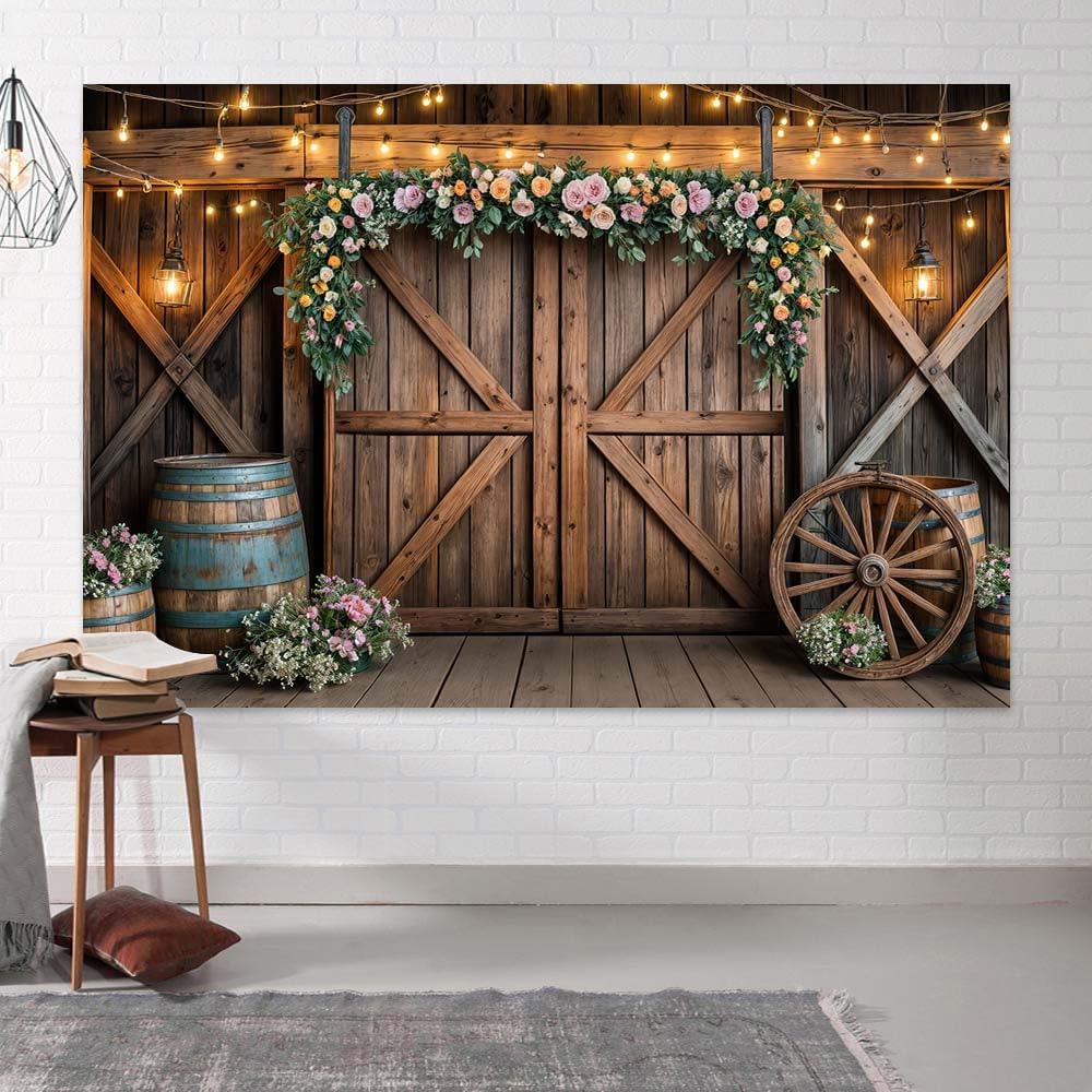 10x8ft Country Wedding Photography Backdrop Rustic Barn Door Photography Backdrop Farmhouse Pink Flower Cabin Wooden Birthday Baby Shower Wedding Bridal Party Banner Photo Booth Props Background
