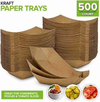 [250 Pack] Medium Disposable Brown Kraft Paper Food Trays, 1-Lb Concession Tray, Serving Boats for Party Snacks, Taco Bar, Seafood, Nachos Plates