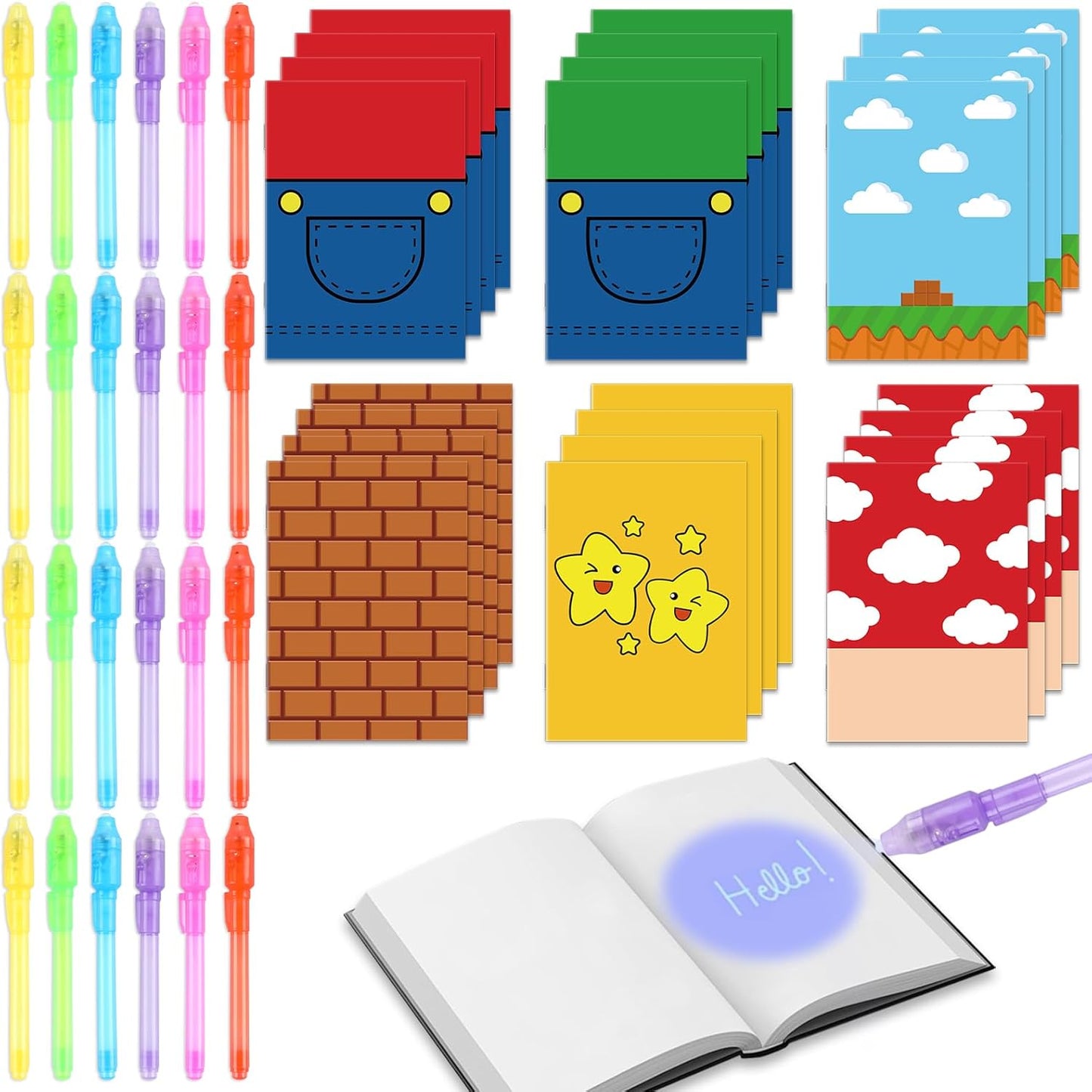 48Pcs Invisible Ink Pen with Anime Themed Notepads Animation Party Favors Spy Pens Magic Marker with Light Red White Video Game Mini Notebook for Birthday Gifts Goodie Bags Stuffers