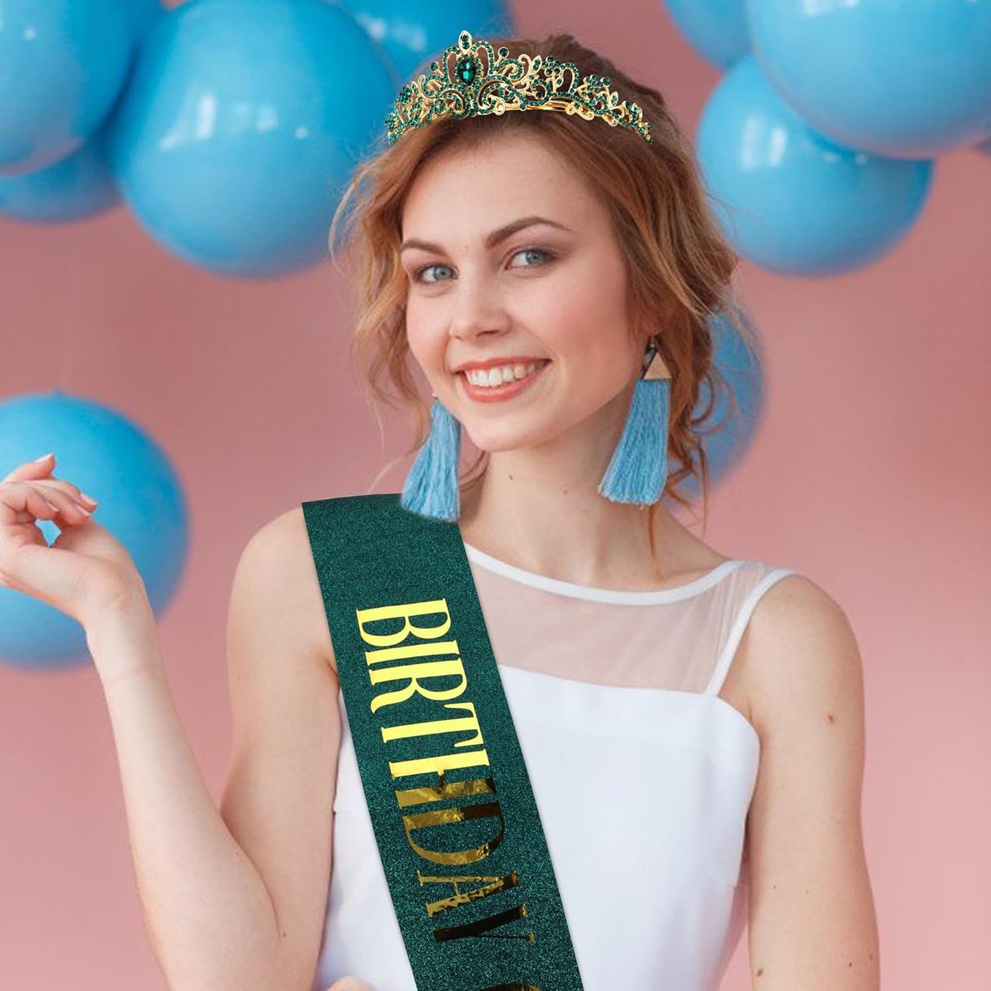 COCIDE Birthday Queen Sash & Rhinestone Tiara Set Gold Happy Birthday Crowns for Women Party Decoration Kit Rhinestone Headband for Women Glitter Crystal Hair Accessories for Cake Topper