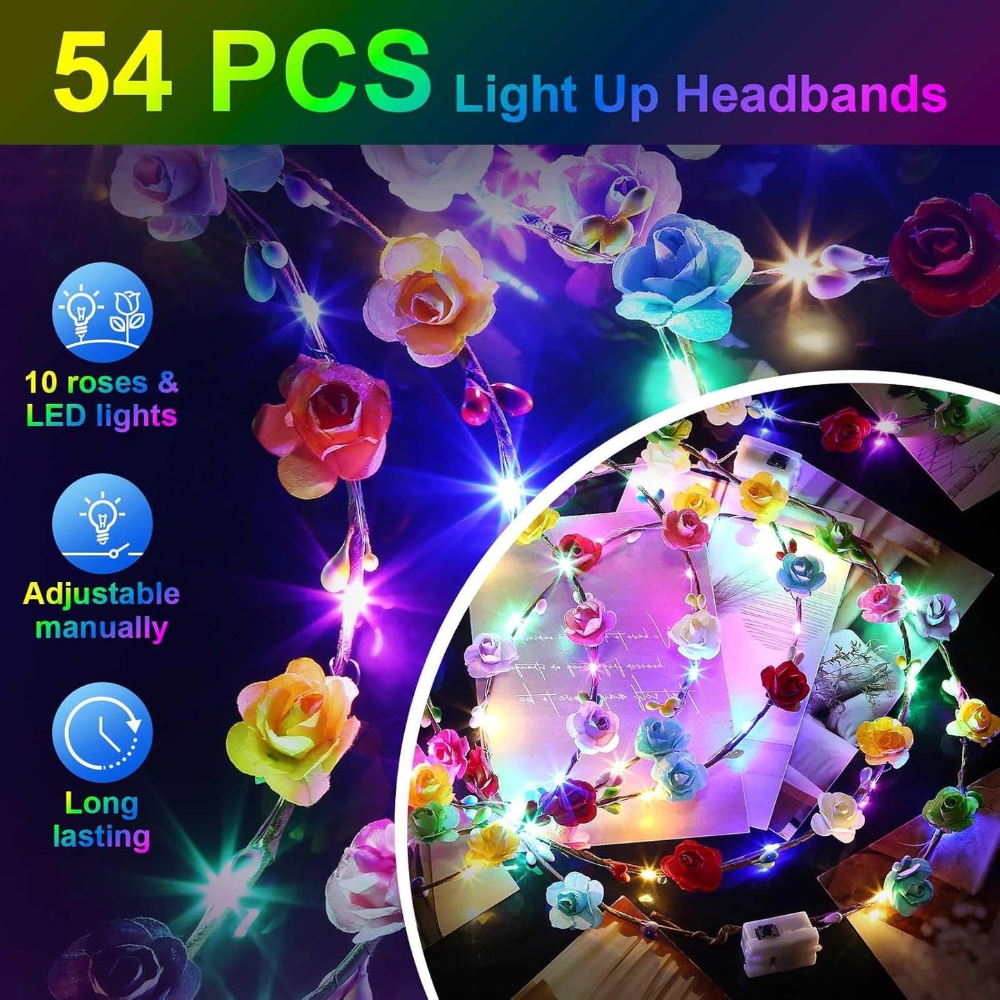 HONLYNE 24 PCS LED Flower Crowns Headbands, Light Up Flower Crowns for Women & Girls, Glow in The Dark Flower Hairbands Wreath for Wedding Beach Party Birthday Cosplay Gifts, Halloween, Christmas