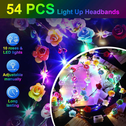 HONLYNE 24 PCS LED Flower Crowns Headbands, Light Up Flower Crowns for Women & Girls, Glow in The Dark Flower Hairbands Wreath for Wedding Beach Party Birthday Cosplay Gifts, Halloween, Christmas