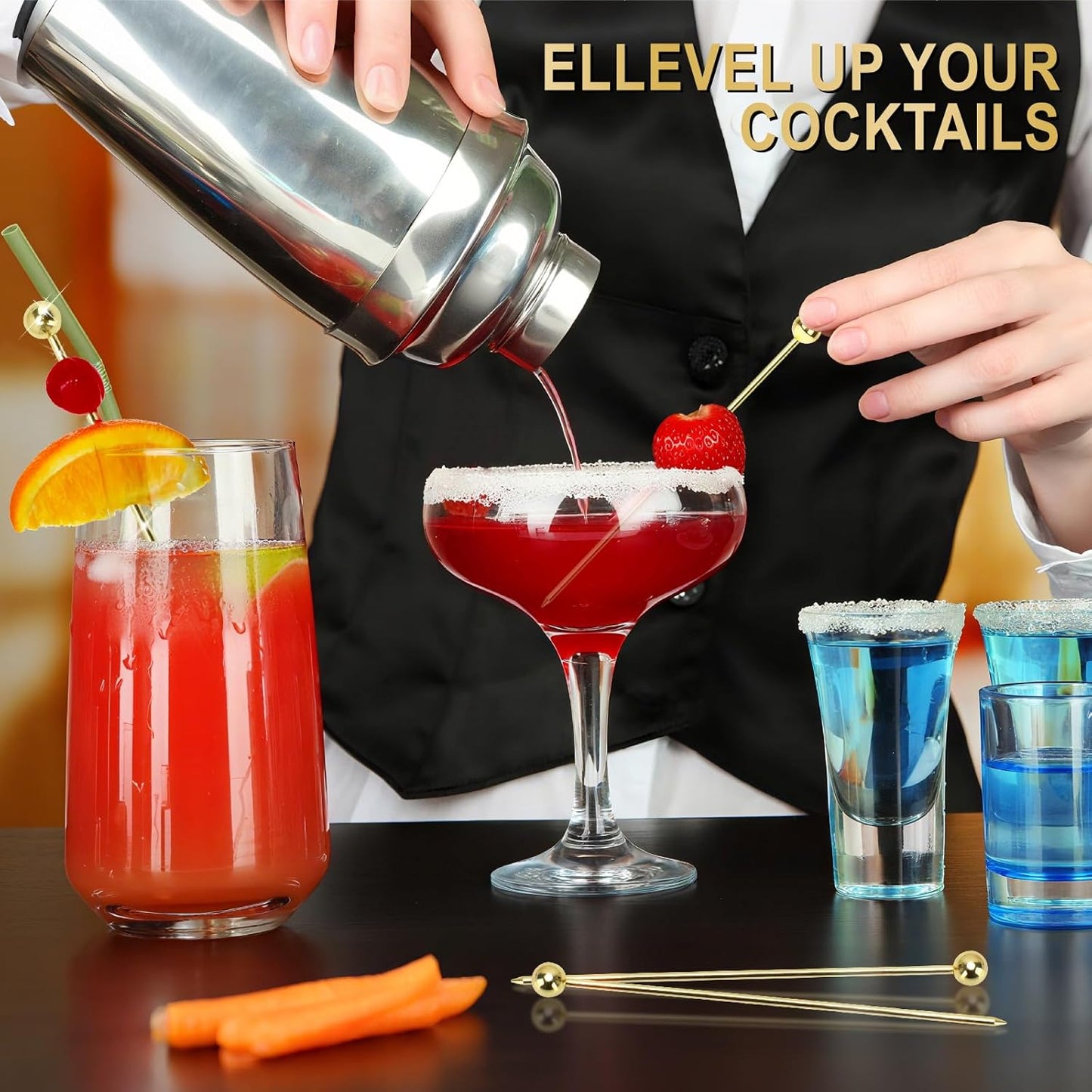 15PCS Cocktail Picks for Drinks, Stainless Steel Cocktail Toothpicks, Reusable Cocktail Skewers, Garnish Picks Bloody Mary Skewers, Metal Martini Picks for Olives Appetizers Fruit (4.3 Inch)