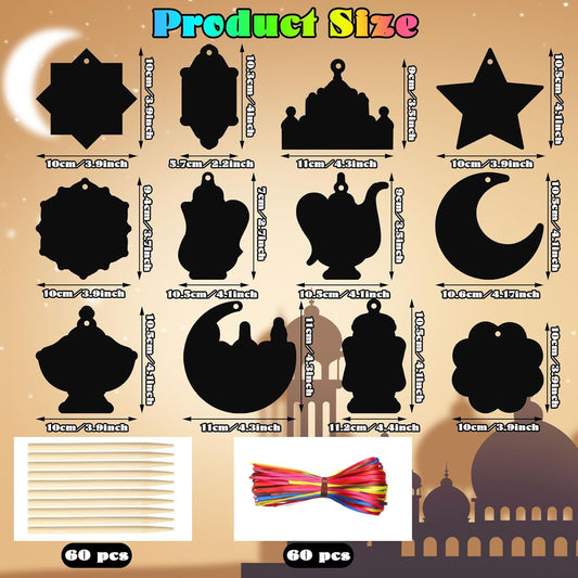 Deekin 120 Pcs Eid Scratch Paper Set Ramadan Crafts Scratch Cards Hanging Ramadan Gifts Eid Magical Party Activities DIY Art Painting Project Supplies