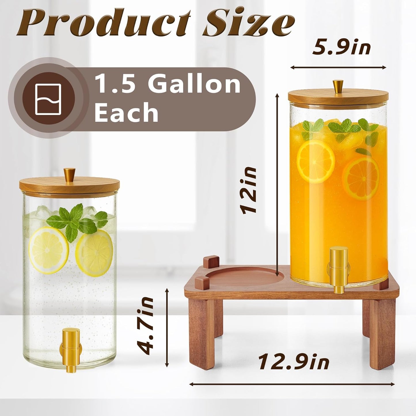 2PCS Drink Dispenser, 1.5 Gallon Each Glass Beverage Dispenser with Wood Stand and Stainless Steel Faucet Ideal for Juice, Lemonade, and Tea,Large Drink Dispenser for Parties and Home Use
