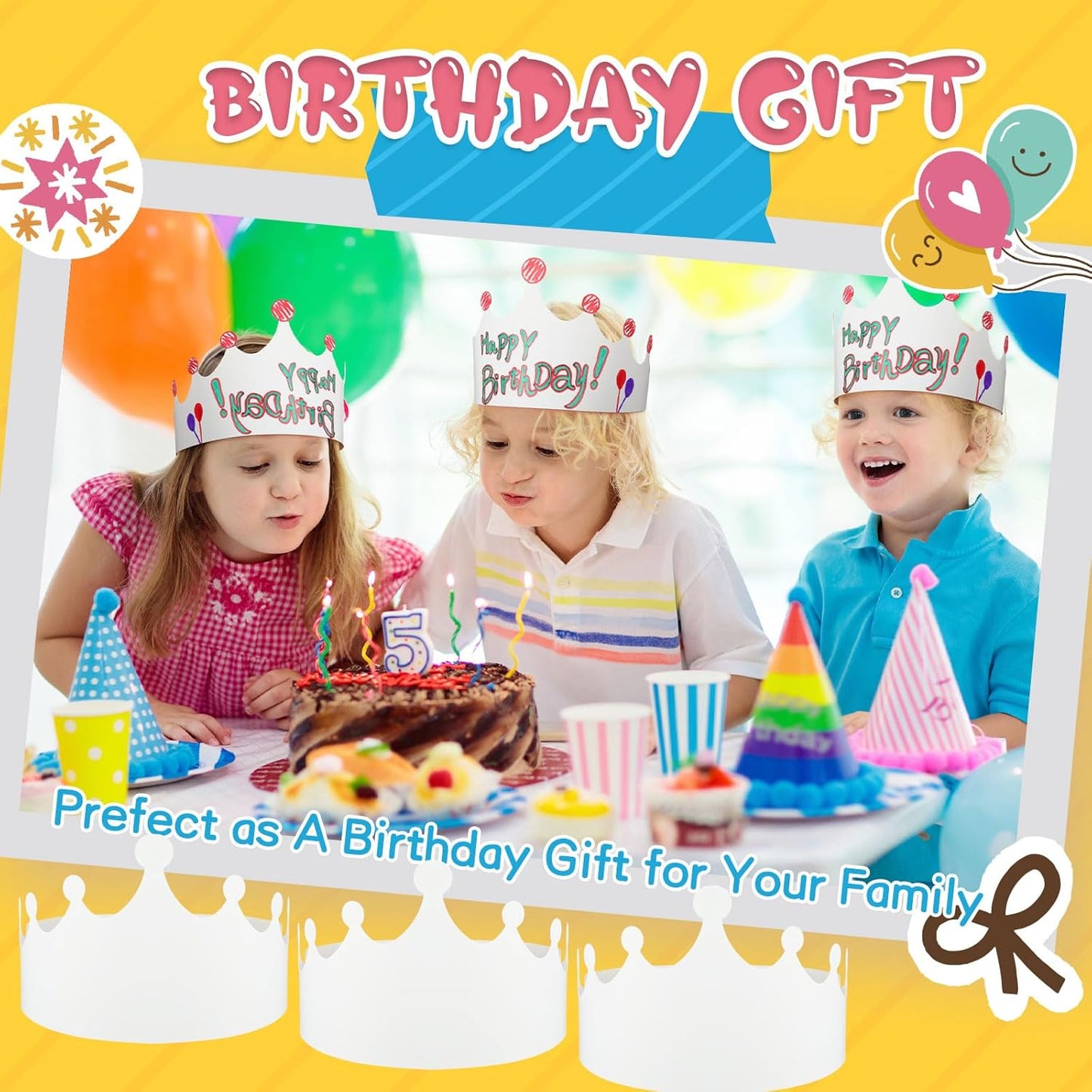 Jetec 50 Pcs White Paper Crowns Kids DIY Birthday Crowns for Classroom Birthday Party Hats Decorations Baby Shower Supplies (Traditional)