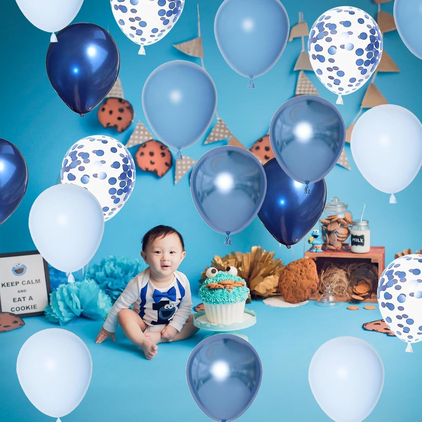 Blue Silver Balloons Set, 12 Inch Blue and Silver Balloons Dark Navy and Confetti Party Latex Balloon, Macaron Metallic Baby Blue Mixed Balloon for Birthday Graduation Baby Shower Wedding Retirement